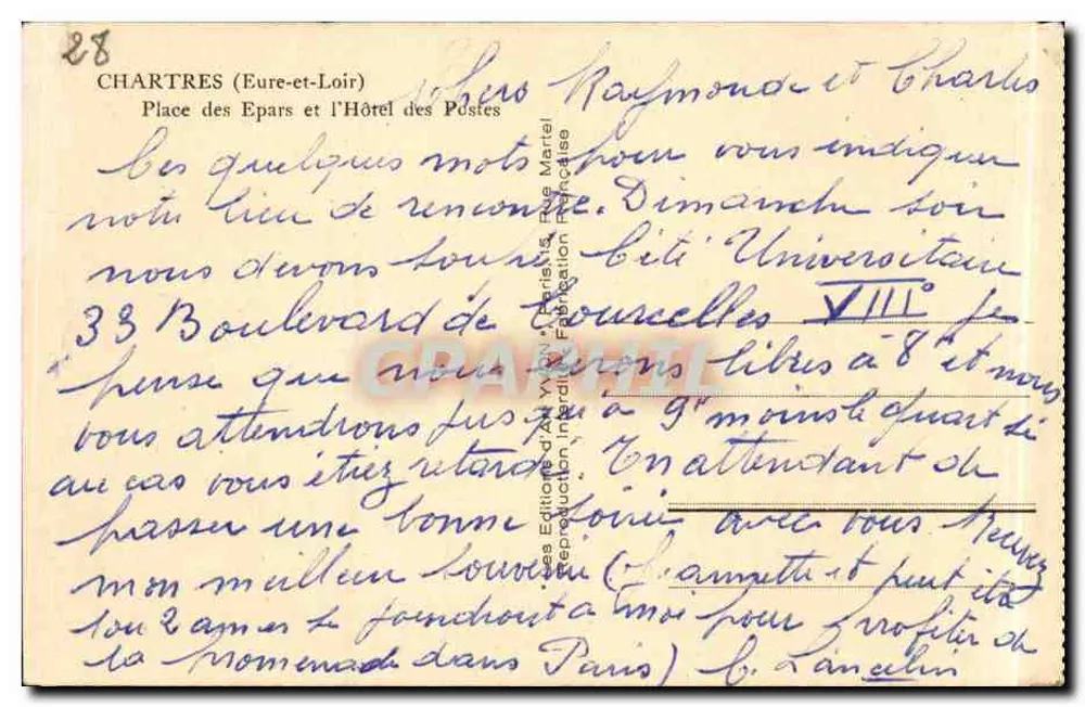 Chartres (Eure-et-Loir) — Praça dos Epars e o Hotel das Correios — Éditions d'Art Martel - Verso