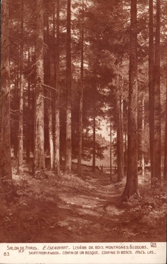 Dichter Wald — Weg zwischen Tannen — E. Isenbart, Paris Salon, Nr. 83 - Vorderseite