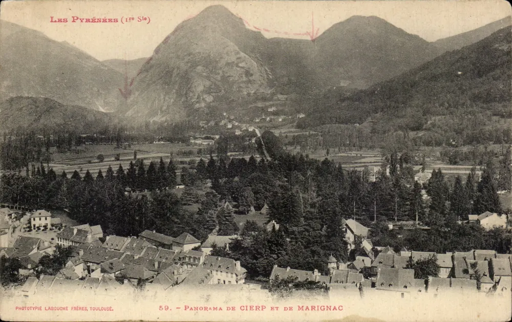 Os Pirineus (1ª Série) — Panorama de Cierp e Marignac — Fototipia Labouche Frères, Toulouse, n° 59 - Frente