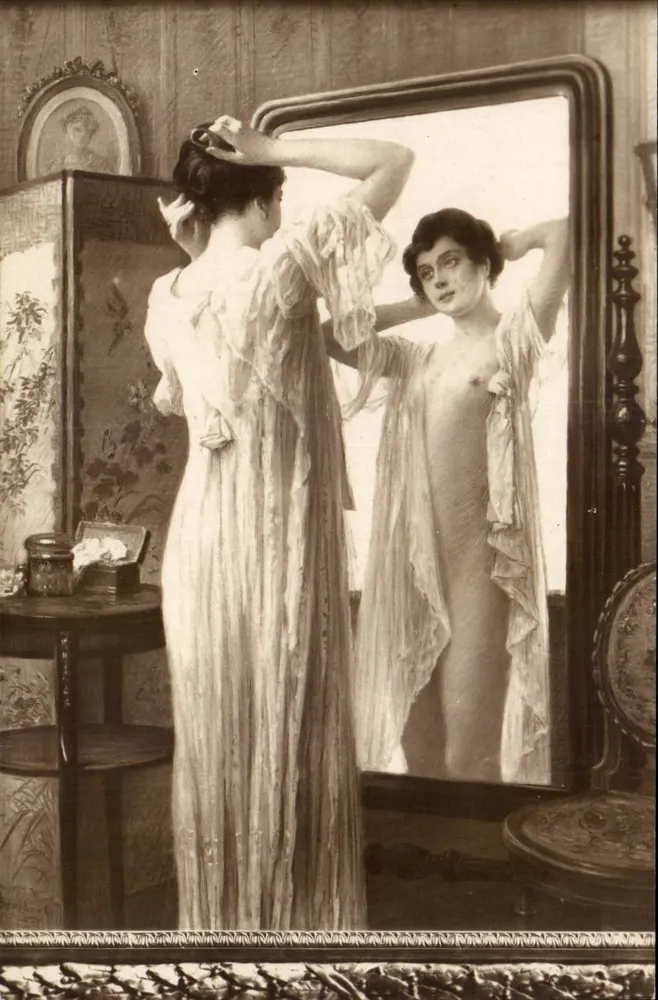 Frau vor einem Spiegel — Frisur — Salon de Paris, Jules Scalbert - Vorderseite