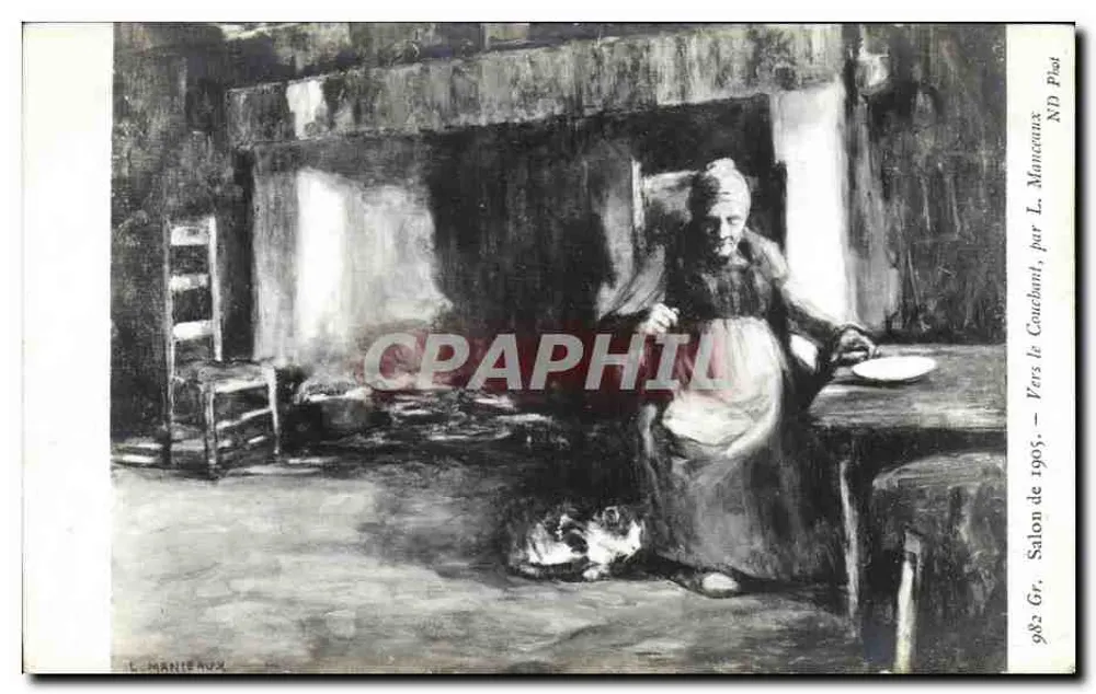 Frau am Tisch — dunkles Innenraum — L. Manieaux, von L. Couchant, um 1905 - Vorderseite