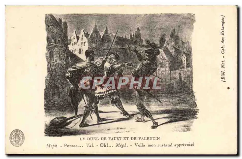 O Duelo de Faust e de Valentin — cena de duelo com diálogo — editor Bibl. Nat. des Estangènes - Frente