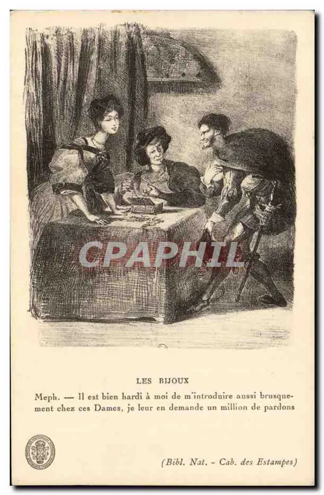 Os Bijos — Meph. É muito ousado de minha parte me introduzir tão bruscamente em casa dessas Senhoras, peço um milhão de desculpas — Bibliothèque Nationale, Cabinet des Estampes - Frente