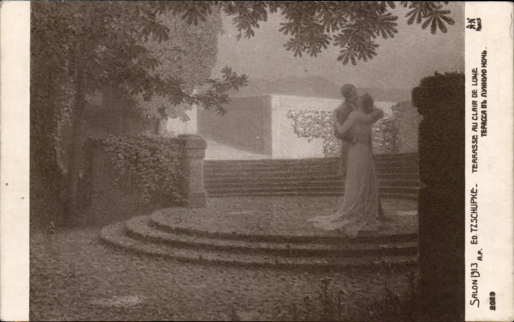 Terrasse unter dem Mondlicht — Liebesstatue — Ed. Tzschupke, Salon 1913 - Vorderseite