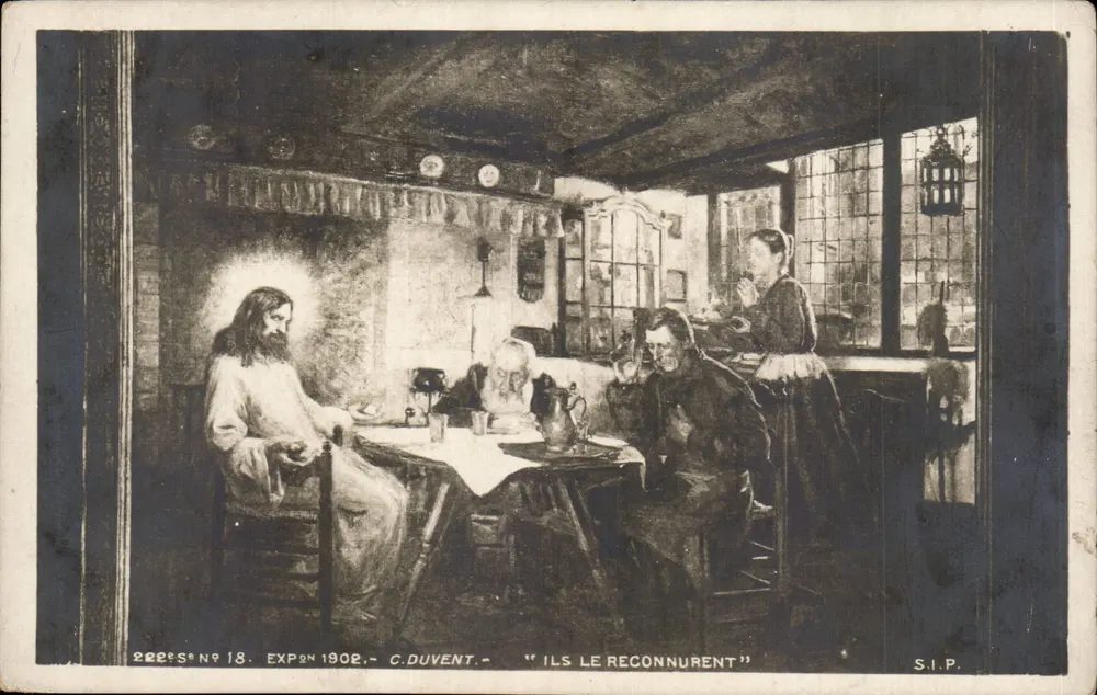 Jesus in einer Herberge — religiöse Szene — C. Duvent, S.I.P., Nr. 18, Ausstellung 1902 - Vorderseite