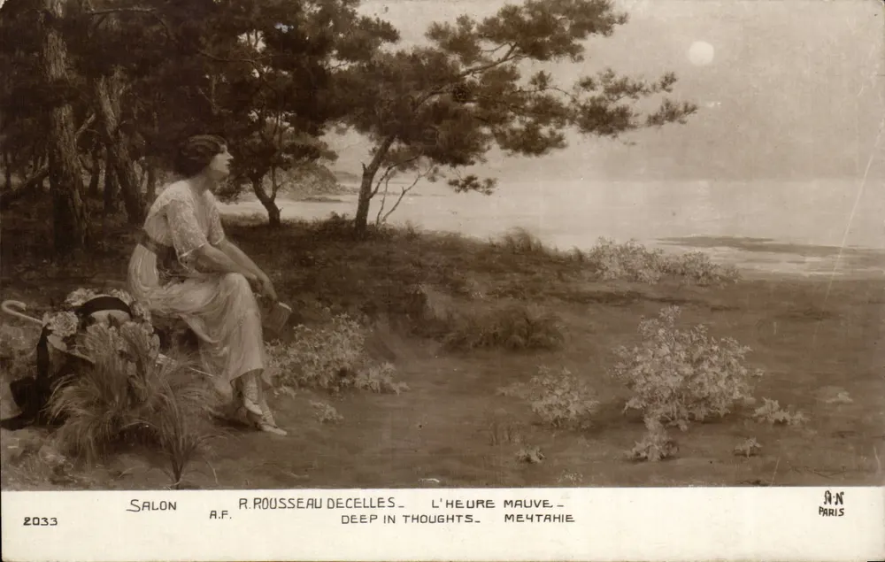 Frau sitzt unter Kiefern — L'Heure Mauve — Salon A.F. n°2033, Verlag A.N. Paris - Vorderseite