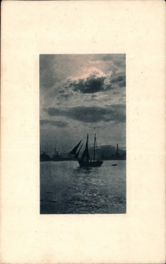 Segelboot in einem Hafen — Nachtsicht — Verlag J. F. P. - Vorderseite