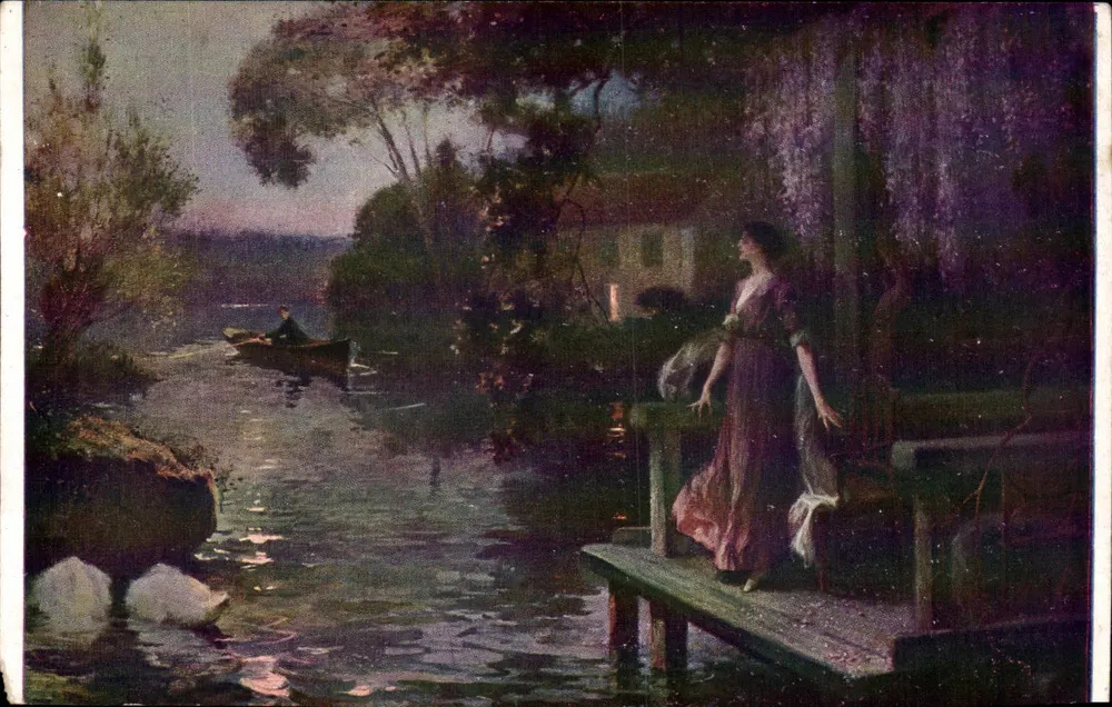 Frau auf einem Kai — Flusslandschaft am Abend — Salons de Paris, Hippolyte Lucas, Nr. 61 - Vorderseite