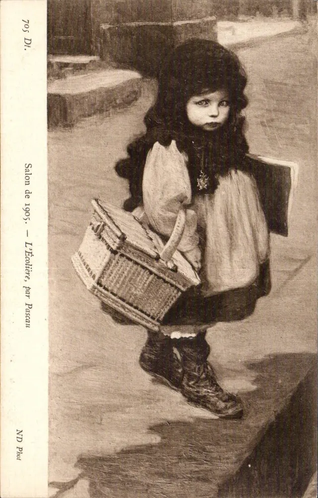 Kleine Mädchen mit Korb — Salon de 1905, L'Écolière, von Pascouau — Ausgabe ND Pau - Vorderseite