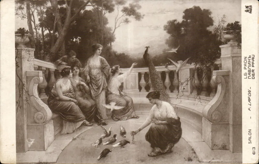Frauen und Pfau — Garten-Szene — F. Lafon, Salon 613 - Vorderseite