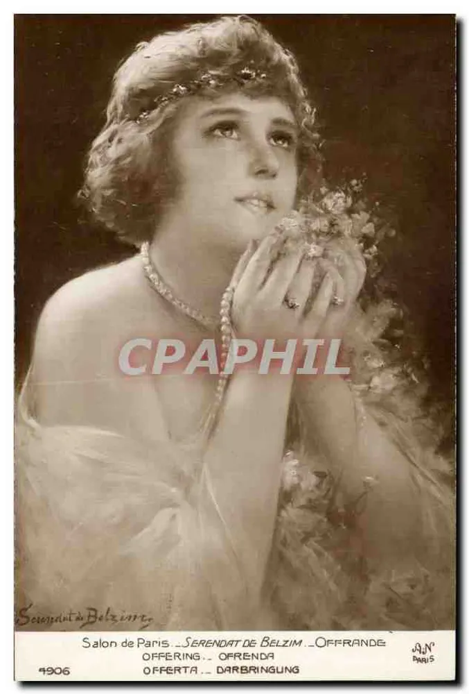 Junge Frau in leichtem Kleid — Blumenopfer — Salon de Paris, Verlag Serenpint de Belzim, Nr. 4906 - Vorderseite