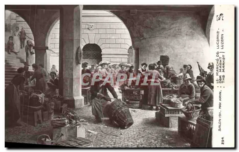 Markt in Luzern — lebendige Szene unter Arkaden — Max Kahn, n° 294 - Vorderseite
