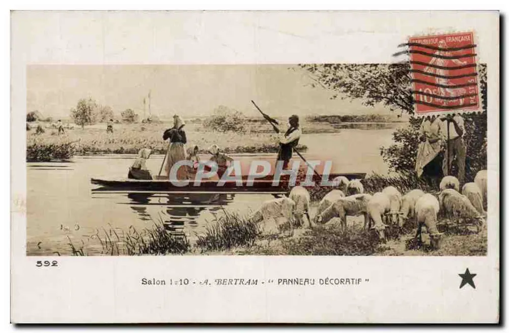 Flusslandschaft mit Schäfern und Schafen — A. Bertram — Salon 1-10 — Dekoratives Panel — Nr. 592 - Vorderseite