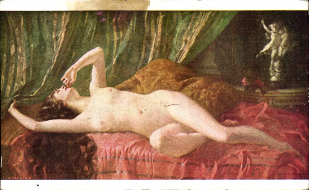 Nackte Frau im Liegen — Szene der Ausschweifung — Verlag Lapina, Paris, n° 1403 - Vorderseite