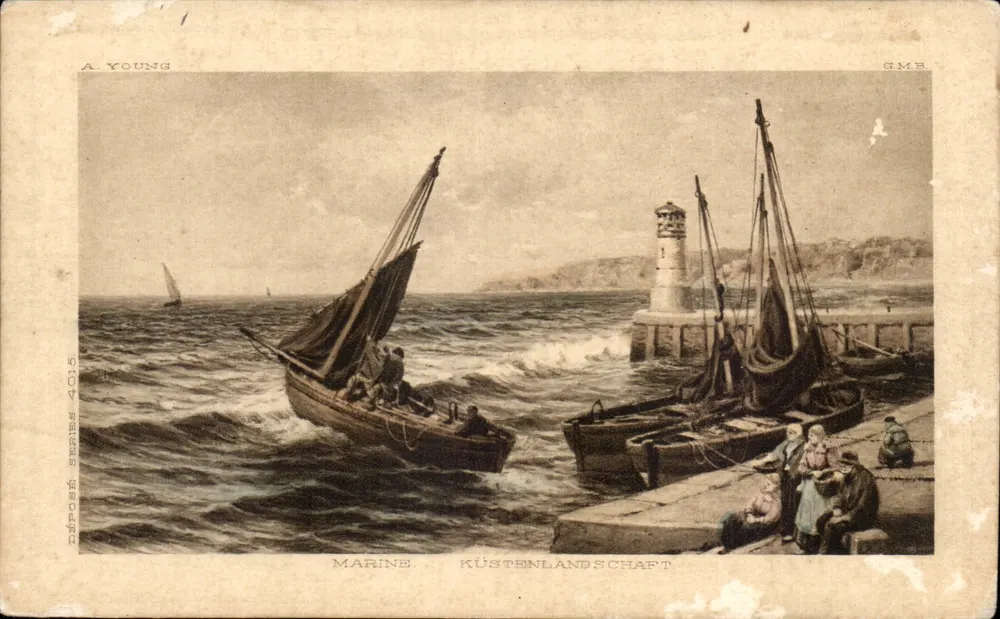 Scène portuaire — bateaux et phare — A. YOUNG, GMB - Vorderseite