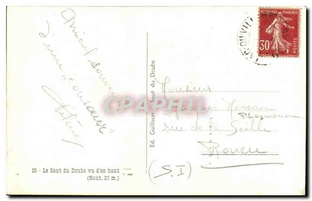 O Salto do Doubs visto de cima — (Altura 27 m) — Ed. Guillaume, S.I. - Verso