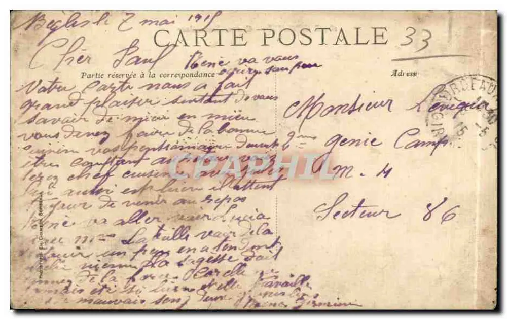 Bordeaux — Quartel Rochambeau — Editor 184 - Verso