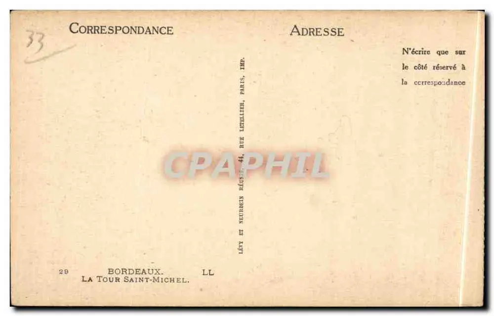 Torre Saint-Michel — Bordeaux — Editora Lévi et Neubert, n°29 - Verso