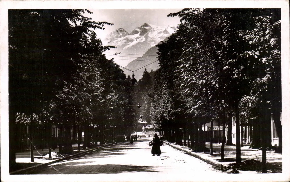 Vista de Luchon — Avenida arborizada com montanha no fundo — Real-Photo G. A. P. Strasbourg - Frente