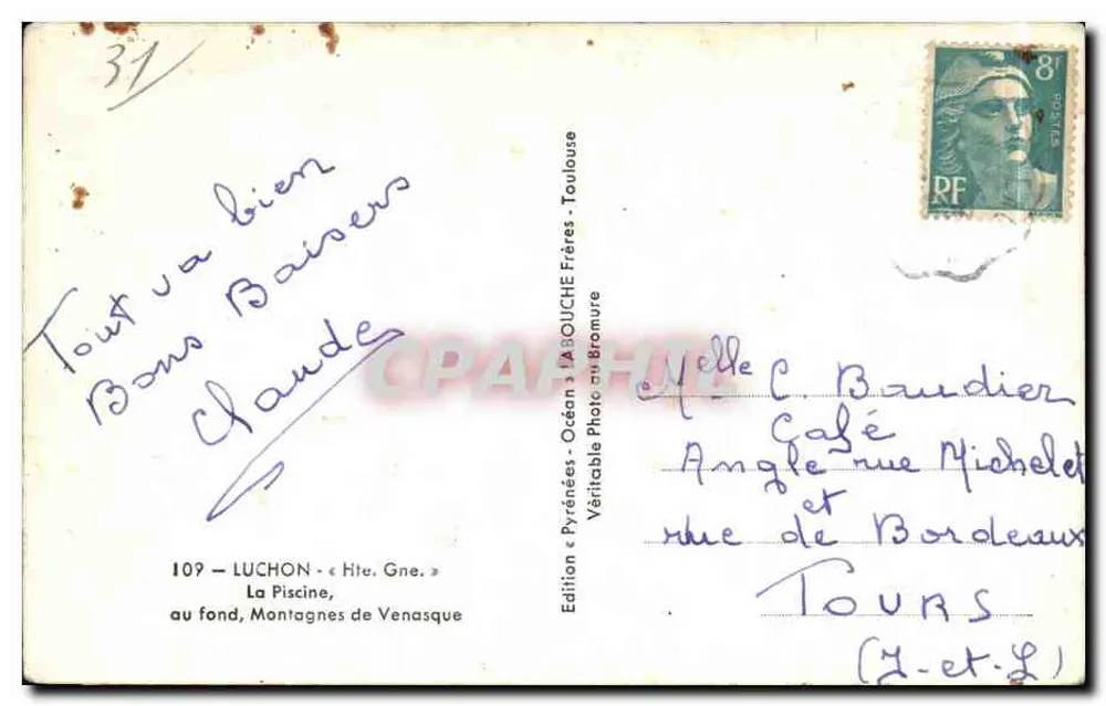 Luchon — A Piscina, no fundo, Montanhas de Venasque — Edição « Océan » LABOUCHE Frères Toulouse - Verso