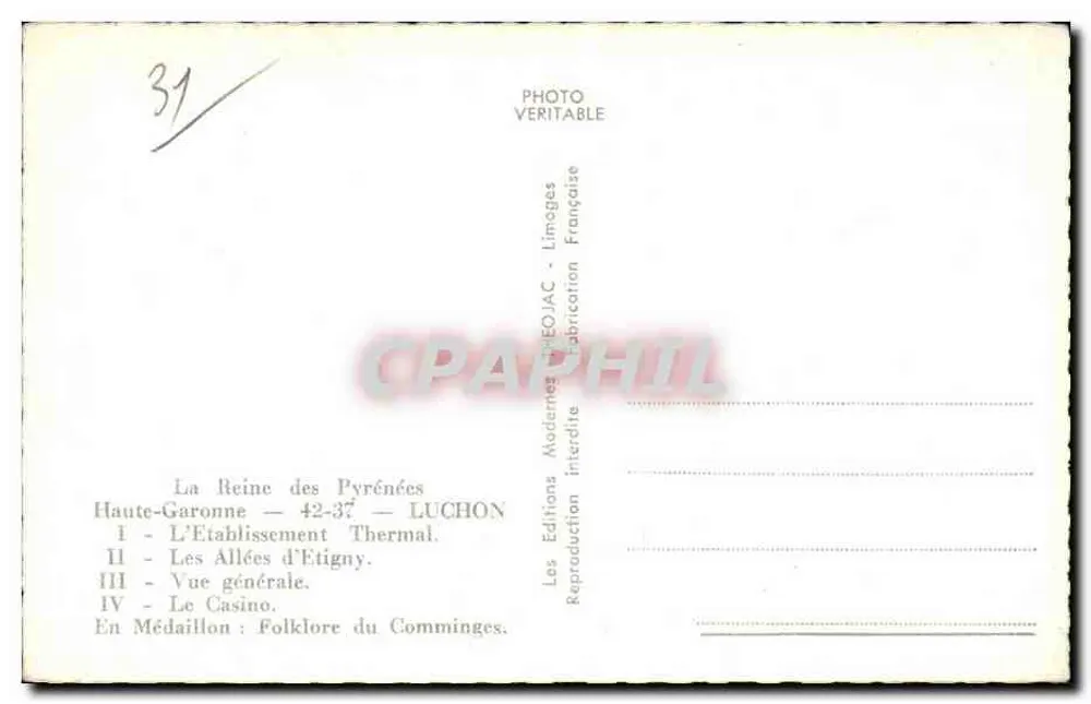 Luchon — Vista geral, estabelecimento termal, folclore, cassino — Les Éditions Modernes Limoges - Verso