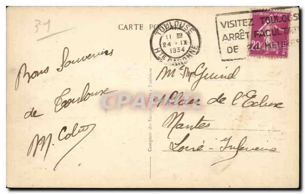 Toulouse - Place Esquirol — vista urbana com trêm e loja BIEC — editor CAE, n° 112 - Verso