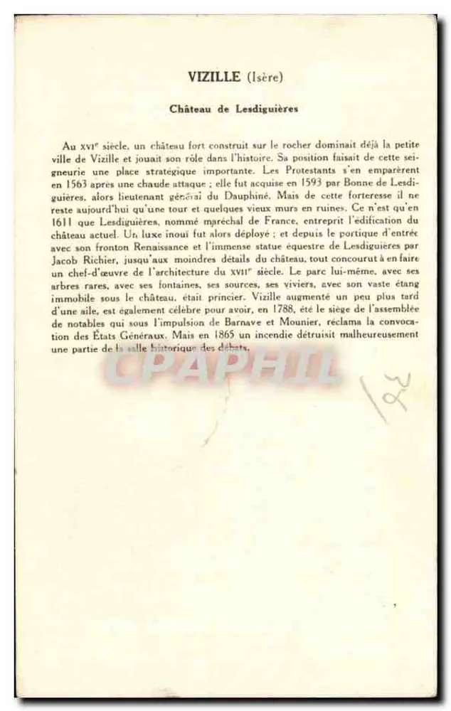 Castelo de Lesdiguières — Vizille (Isère) — Coleção da Solução Pautenberg - Verso