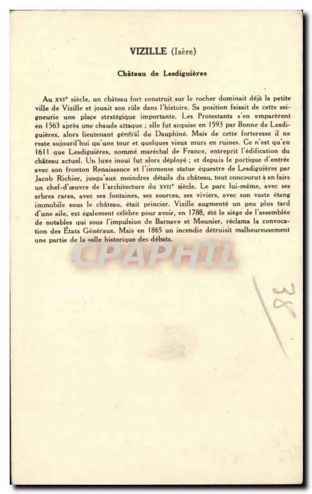 Castelo de Lesdiguières — Vizille (Isère) — Coleção da Solução Pautanberge - Verso