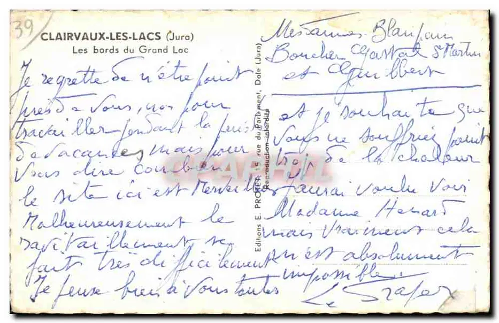 Clairvaux-les-Lacs (Jura) — Die Ufer des Grossen Sees — Éditions E. Probert, rue du Parlement, Dole - Rückseite