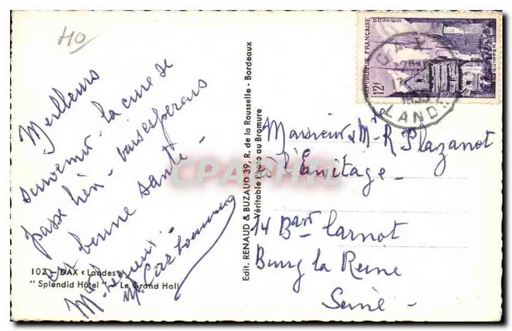 Duży Hala — Splendid Hotel — Wydawca Renaud & Buzaud, Bordeaux - Rewers