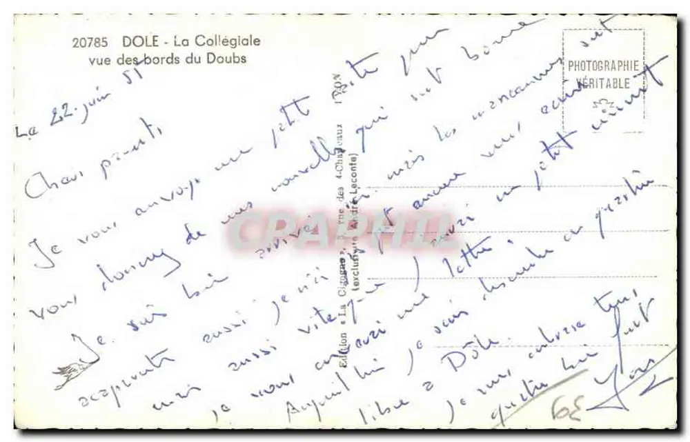 Dole - A Catedral — visão das margens do Doubs — editor La Cigogne - Verso