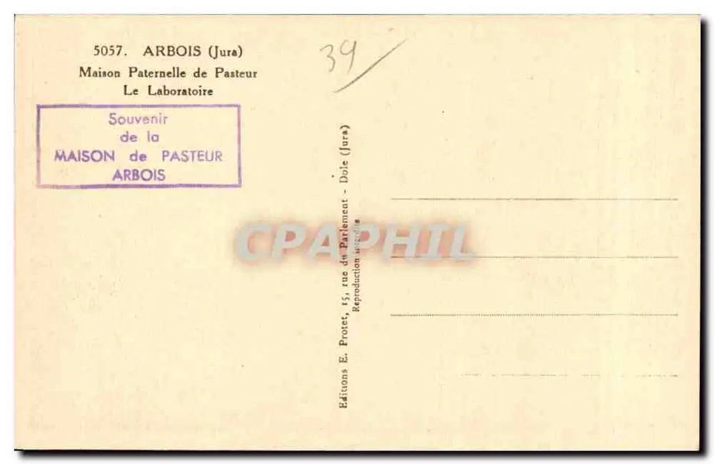 Laboratório — Maison Paternelle de Pasteur — Edições do Parlamento, Arbois (Jura) - Verso