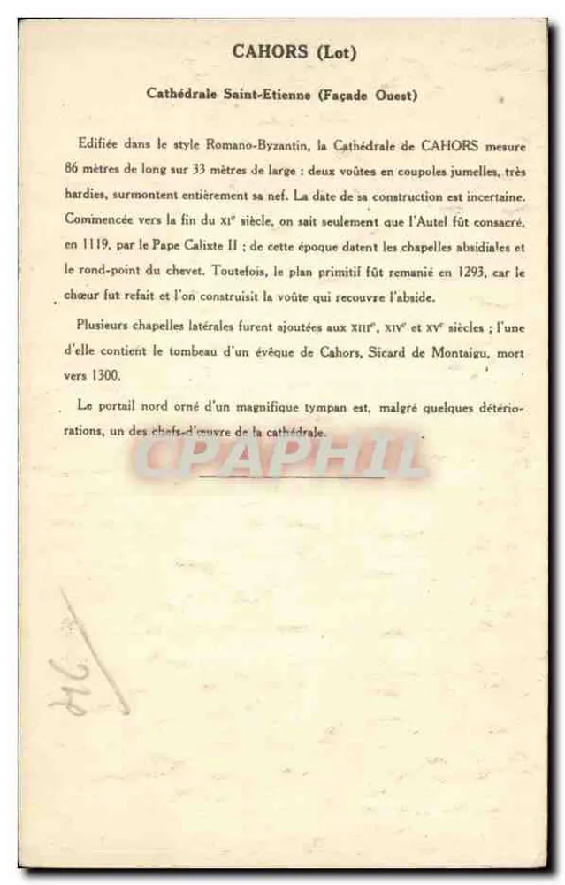 Cahors (Lot) — Catedral São Etienne (Fachada Oeste) — Coleção da Kolarsine e da Solution Pautaubege, 3ª Série - Verso