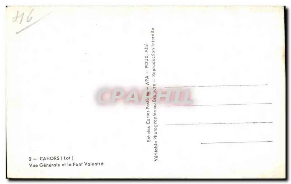 Cahors (Lot) — Vista Geral e o Pont Valentré — APA — Série das Cartas Postais - Verso