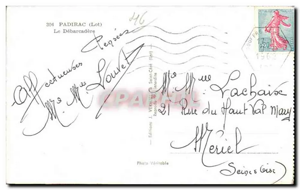 Gruta de Padirac — O Desembarque — Edições J. Vermeil, Saint-Céré (Lot) n°304 - Verso