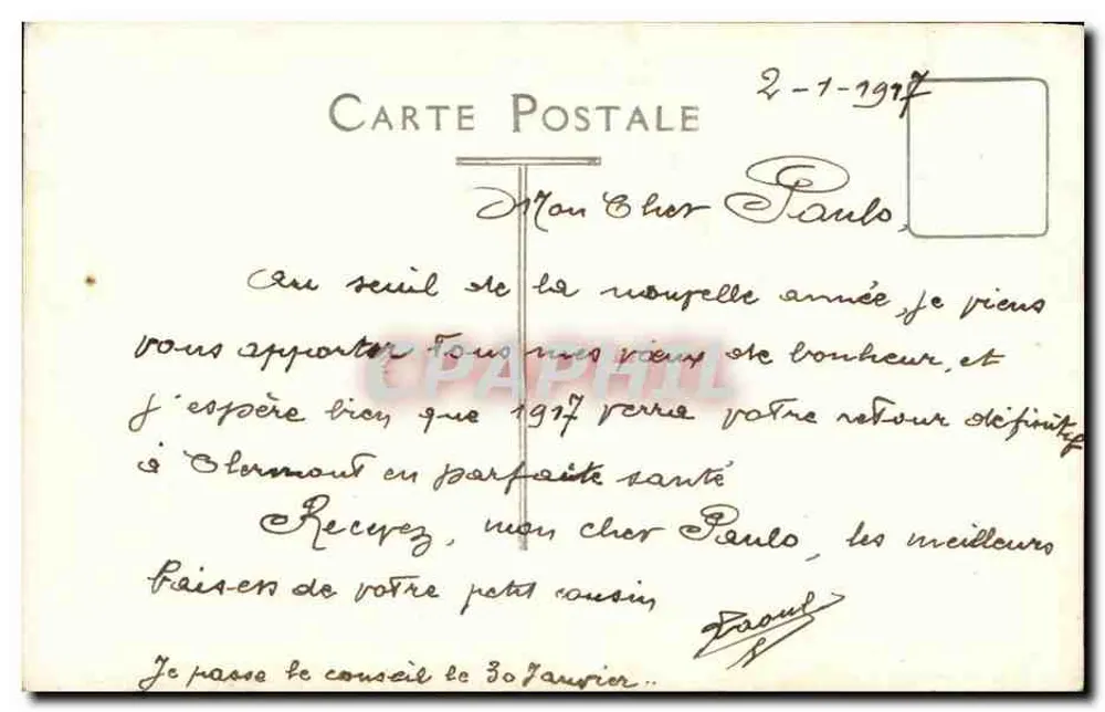 Retrato de um jovem — estúdio — Carta postal datada 2-1-1917 - Verso