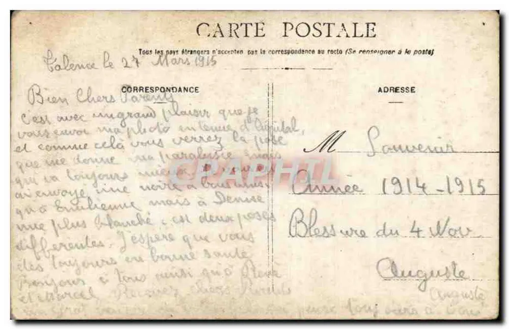 Homem em uniforme — diante de uma cerca de madeira — cartão postal datado 27 de março de 1915 - Verso