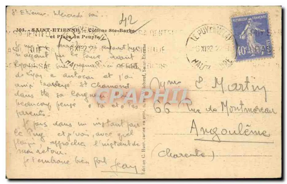 Saint-Étienne — Wzgórze Ste-Barbe i Plac Ludu — Wydawnictwo C. Huot, nr 505 - Rewers