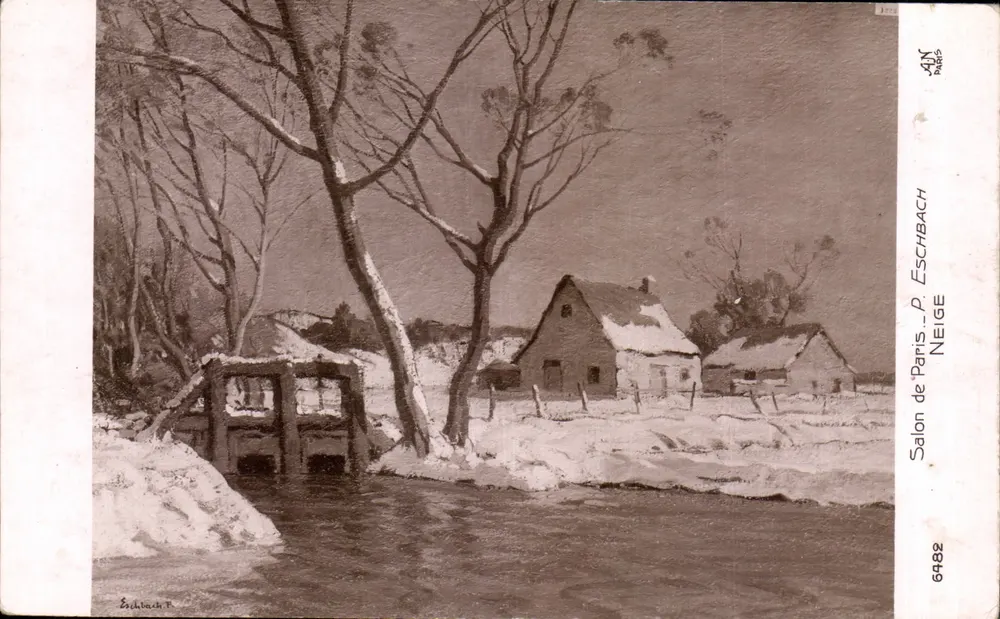 Winterlandschaft mit Brücke und Hütten — Salon de Paris, Éschbach, Nr. 6482 - Vorderseite