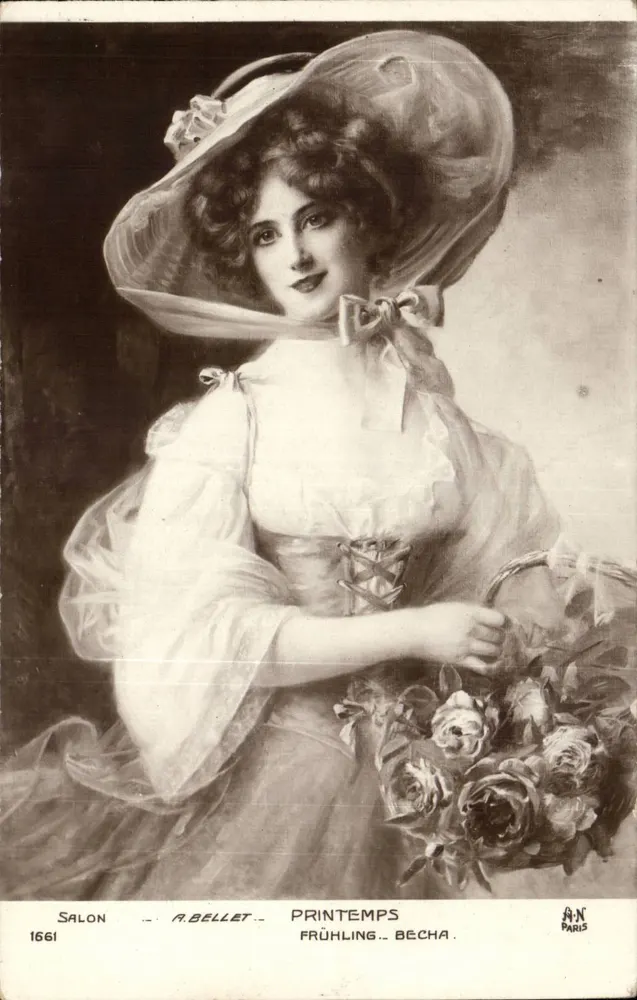 Junge Frau in Hut mit Schirm — Frühling — A. Bellet, Salon 1661, Paris - Vorderseite