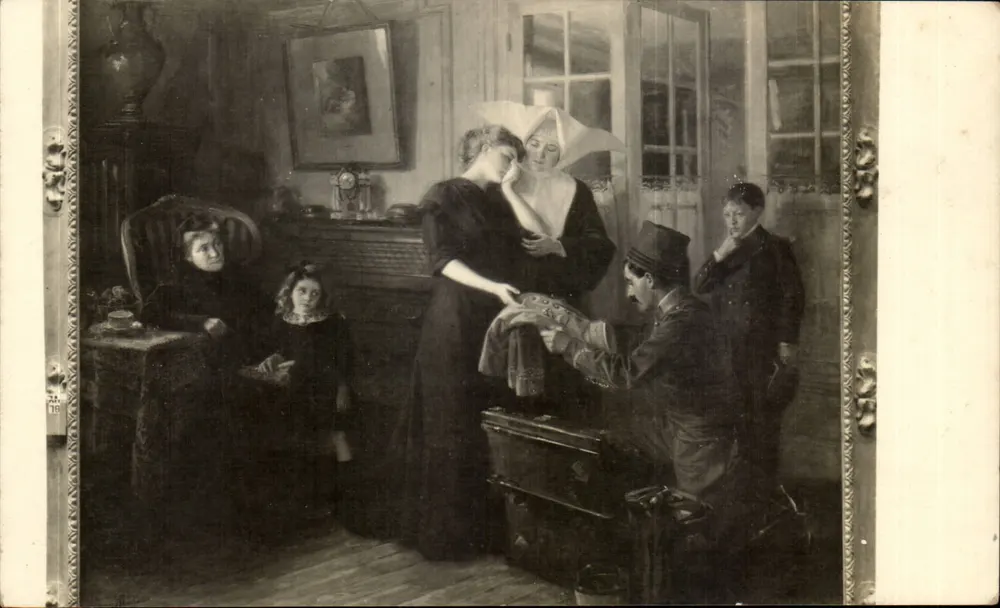 Familie beim Abreisen — intime Szene — Salons de Paris, Léonie Michaud, Nr. 6671 - Vorderseite