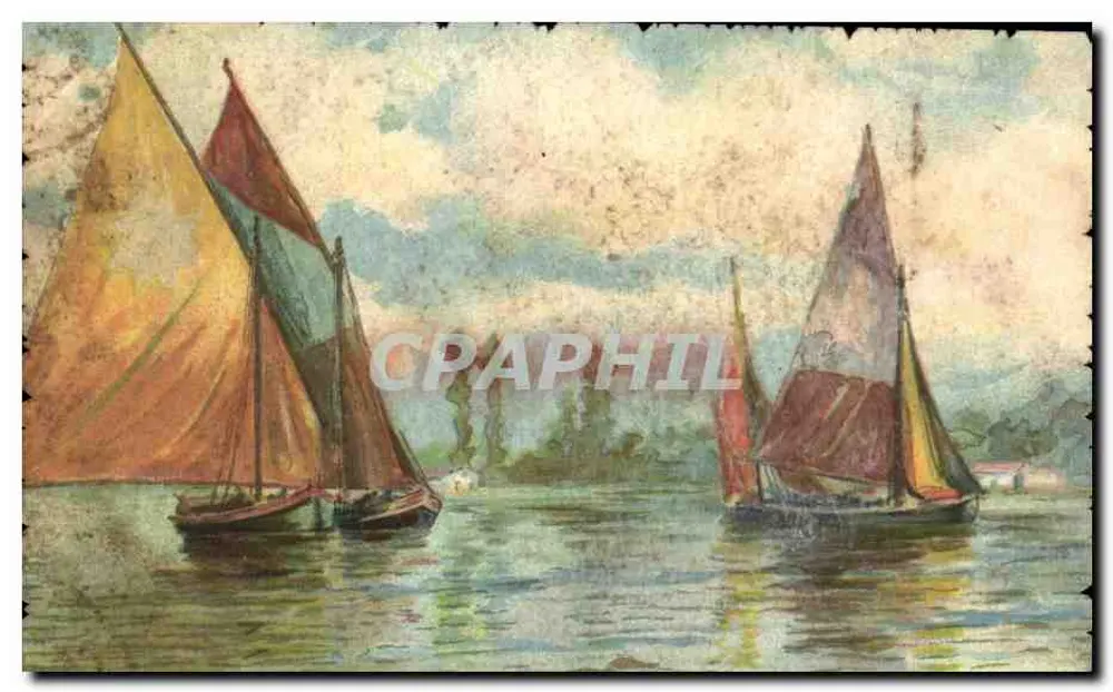 Segelschiffe auf einem See — italienische Produktion — künstlerische Aquarell-Serie, Nr. 6 - Vorderseite