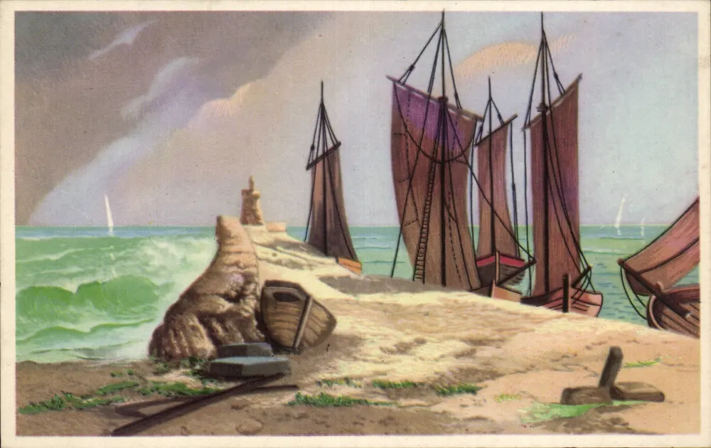 Strandlandschaft mit Segelschiffen — Verlag nicht sichtbar, Seriennummer nicht lesbar - Vorderseite