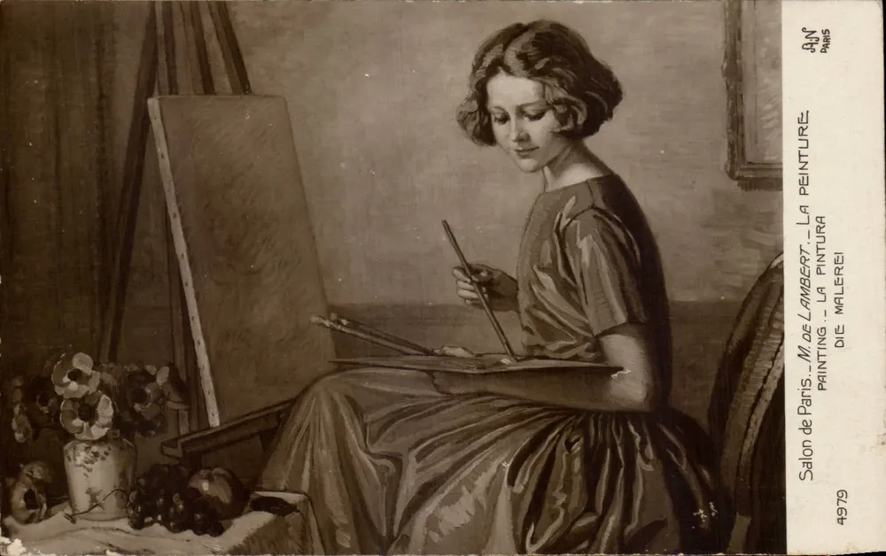 Frau Künstlerin am Staffel — Salon von Paris — M. de Lambert, Nr. 4979 - Vorderseite
