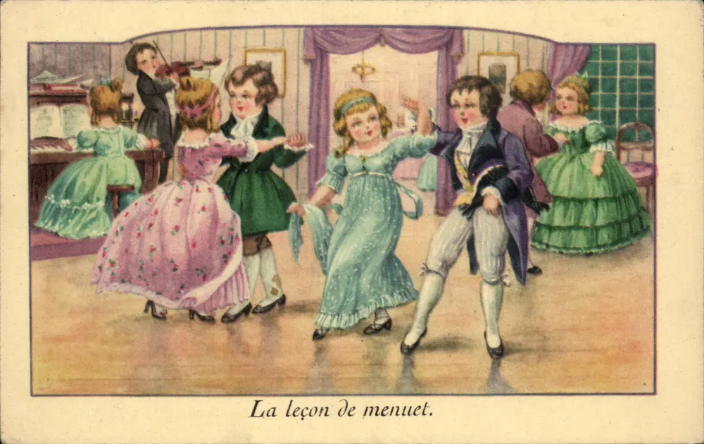 De minuettles — dansscene met kinderen in tijdperktrui — uitgever SP - Voorkant