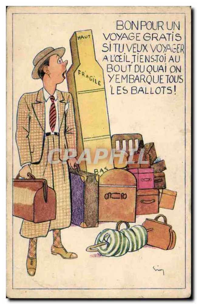 Reisender und Koffer — humoristische Karikatur — Verlag E.R. Paris - Vorderseite