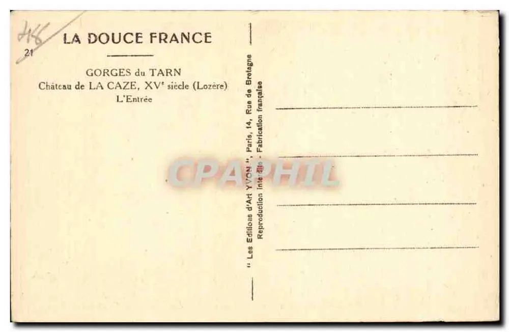 Castelo de La Caze — Gorges do Tarn — Século XV (Lozère) — Éditions d'Art Yvon - Verso
