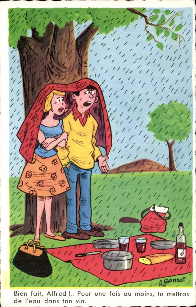 Picknick im Regen — Alfred und seine Begleiterin unter einem Baum — A. Gondot - Vorderseite