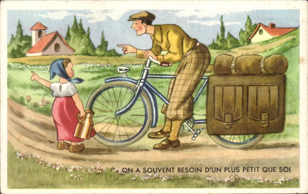 Kind und Radfahrer — Wir benötigen oft jemanden, der kleiner ist als wir — Verlag nicht sichtbar - Vorderseite