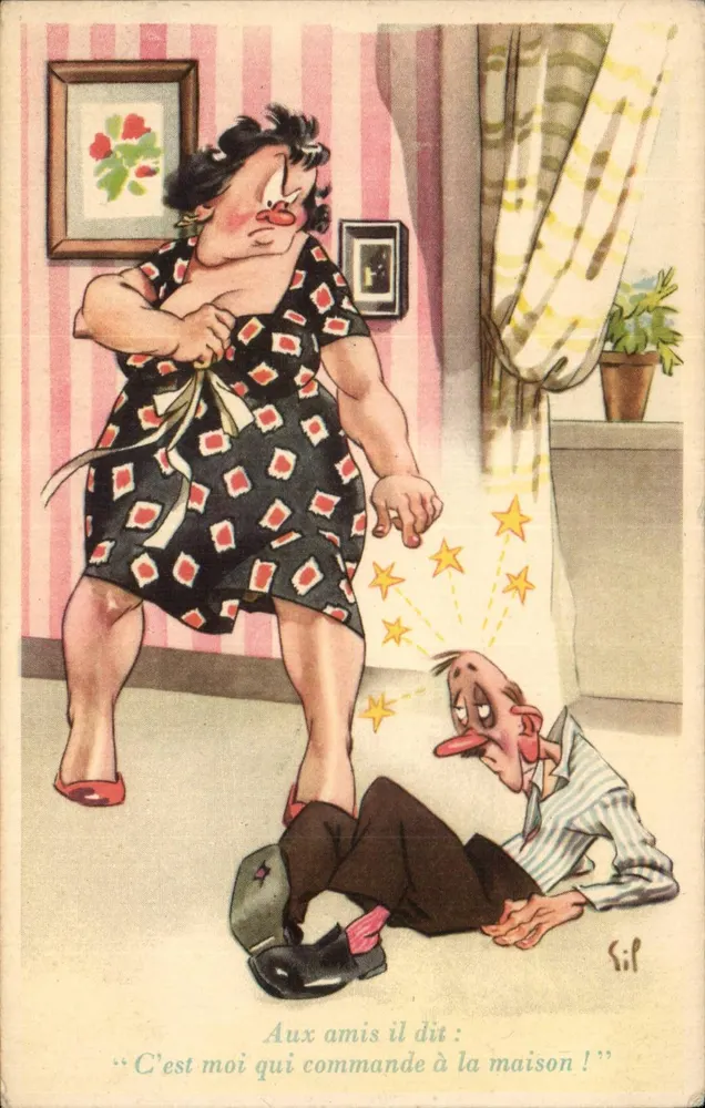 Mulher dominando um homem no chão — caricatura — Sil - Frente